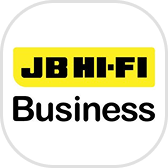 A yellow rounded rectangle containing the text "JB HI-FI" in bold black uppercase letters, with "Business" written in large bold black text beneath it on a white background.